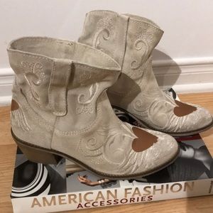 Cream Suede Western Ankle Booties with Tan Heart Accent